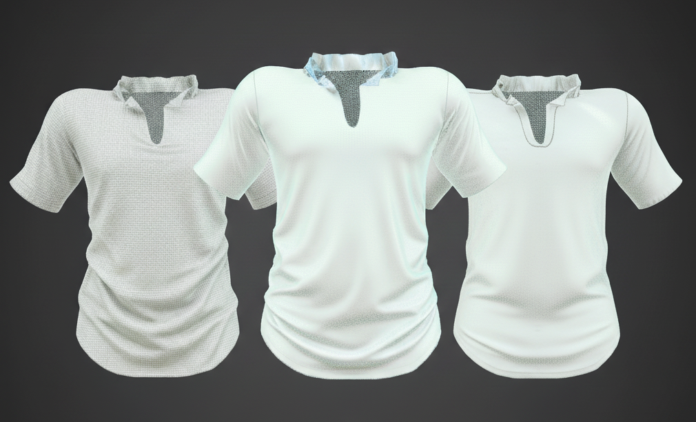 Three polo shirts simulated in Woven, Knit, and Polyester fabrics